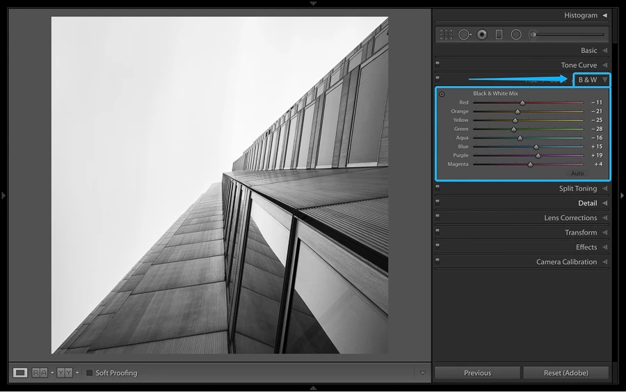 black and white images in lightroom