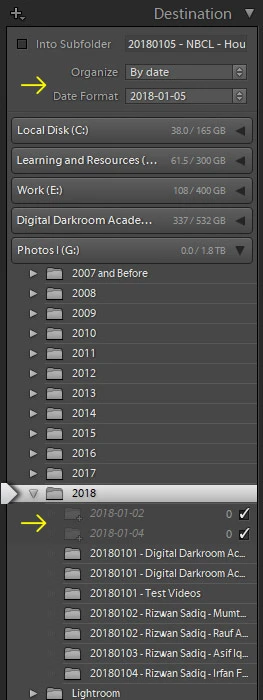 destination panel in lightroom
