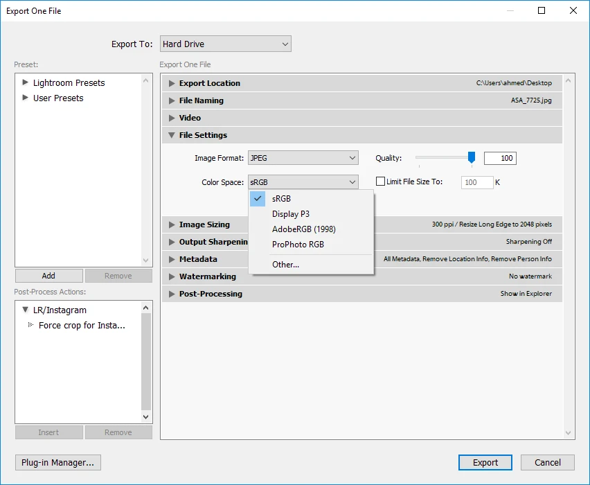 change color space during export