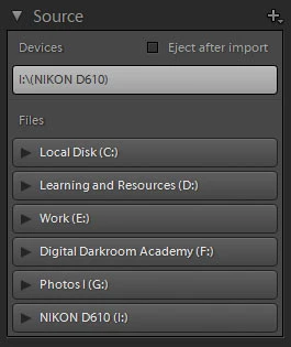 source panel in Import