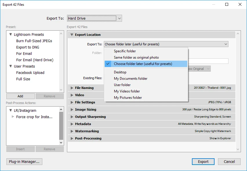 using presets in Export in Lightroom