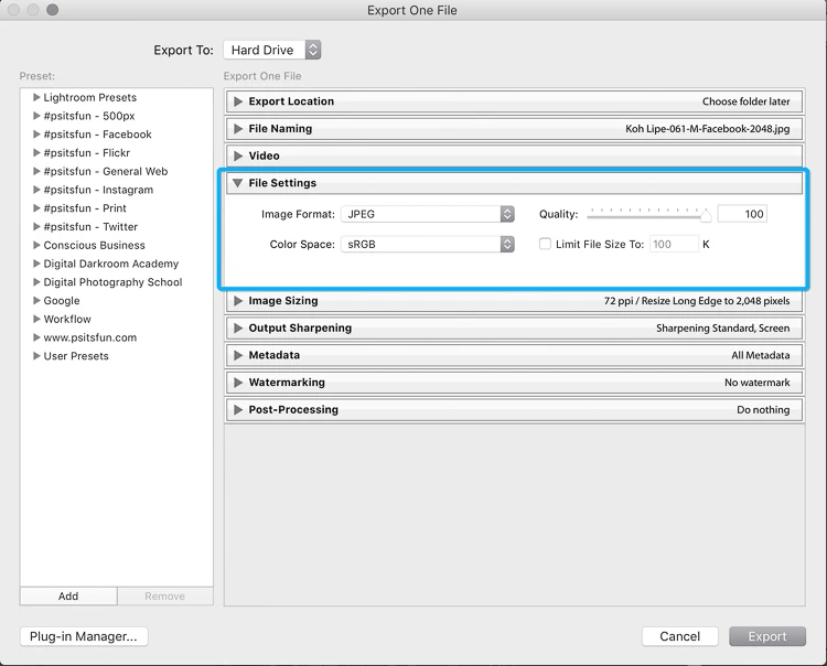 optimize images for facebook in lightroom
