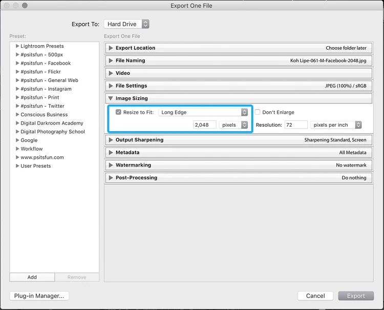 optimize images for facebook in lightroom