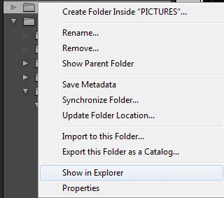 Find your photos by right-clicking a folder and clicking on Show in Explorer